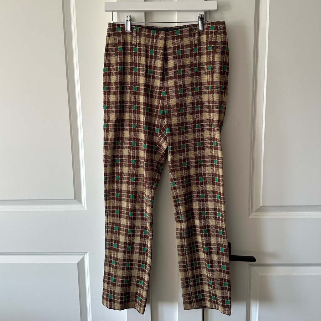 Diane Von Furstenberg (4 Us Eu 36) Brown Plaid Green Dots Slim Trouser Pant Twee